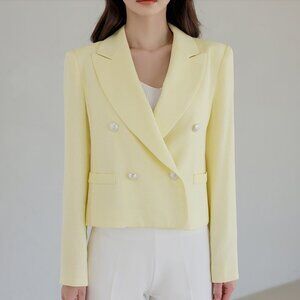 NWT Ode Butter Yellow Tweed Silver Button Cropped Light Blazer